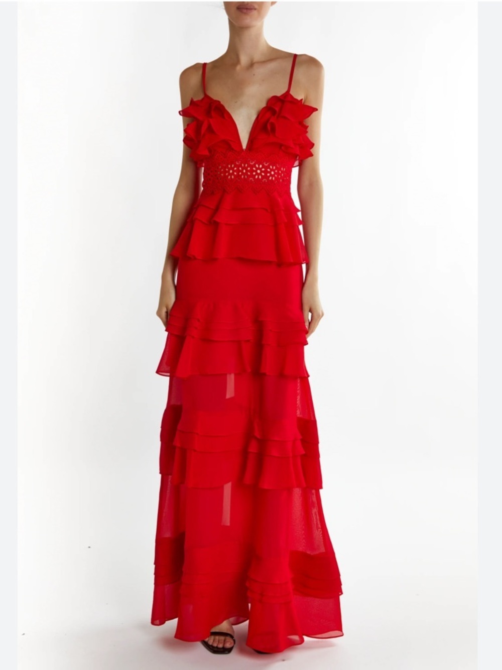 True Decadence Sophia Red Deep Plunge
Layered Ruffle Maxi-Dress Size Large NWT